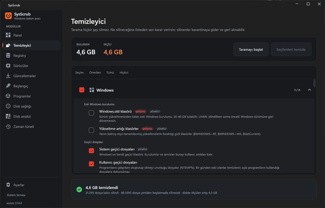 SysScrub — Windows bakım, sürücü güncelleme ve disk sağlığı tek uygulamada